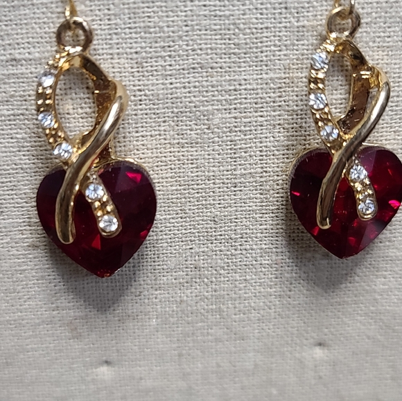 COPY - Gold Ribbon Earrings with Red Crystal Hearts - Picture 4 of 5